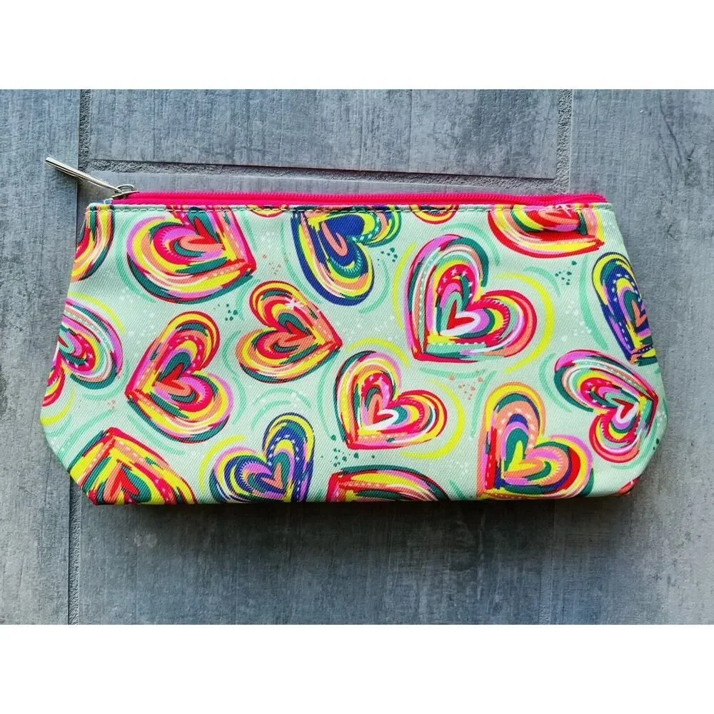 CLINIQUE Rainbow Heart Makeup Bag Travel Case Purse Organizer Clutch Wallet Zip